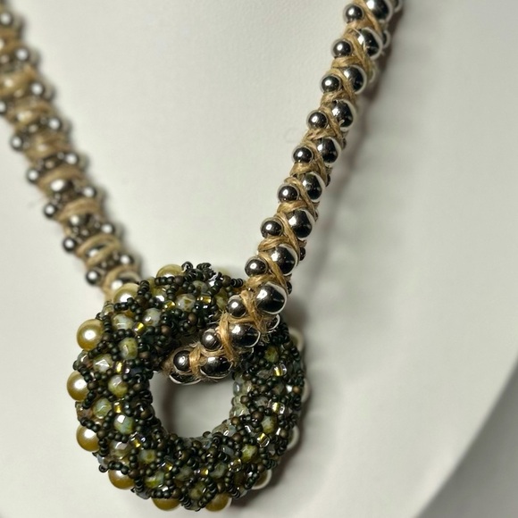 Artisan Bohemian Vintage Beaded Donut Pendant Jute Braided‎ Statement Necklace - Picture 4 of 16